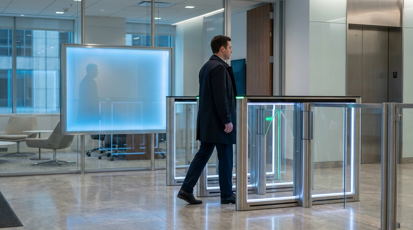 Sistema de controle de acesso biométrico moderno em recepção corporativa