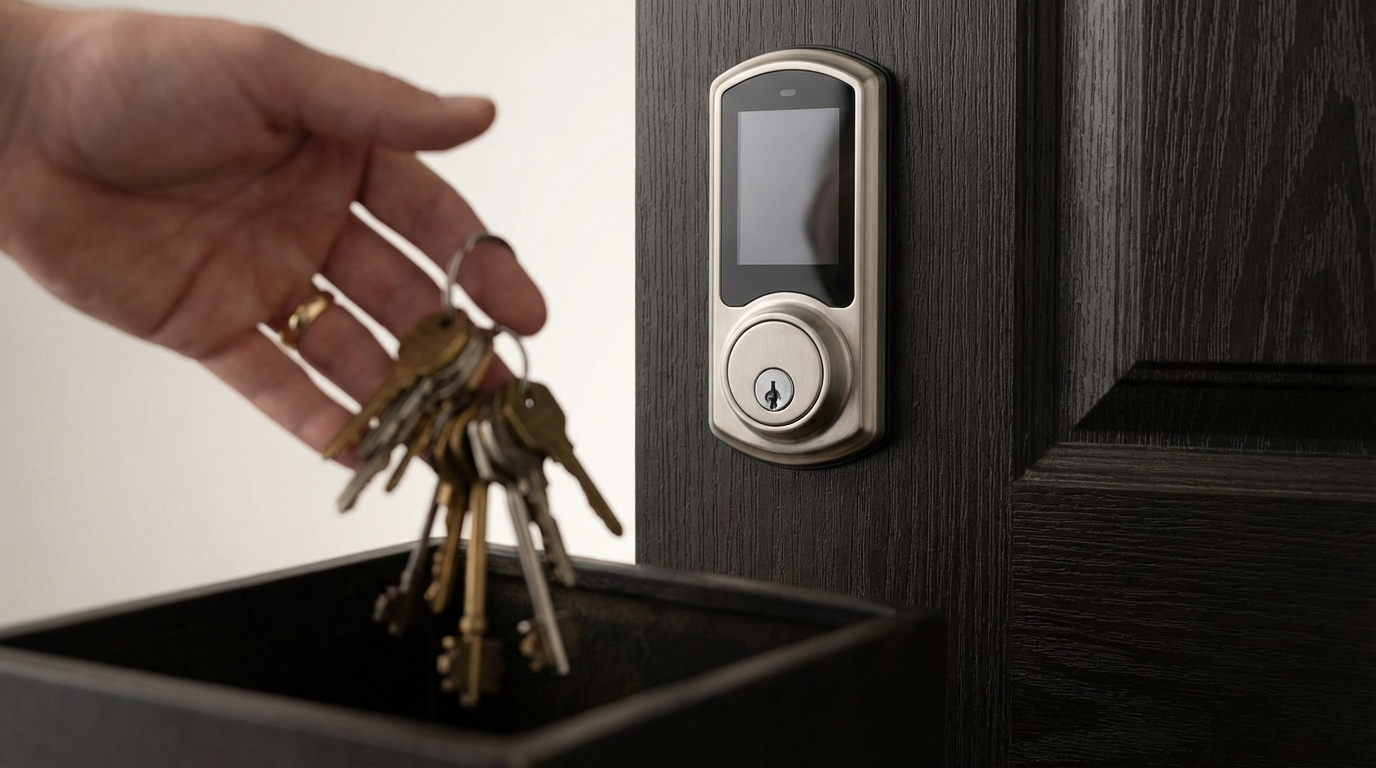 Porta de madeira branca com uma fechadura eletrônica moderna instalada, mostrando a tecnologia.