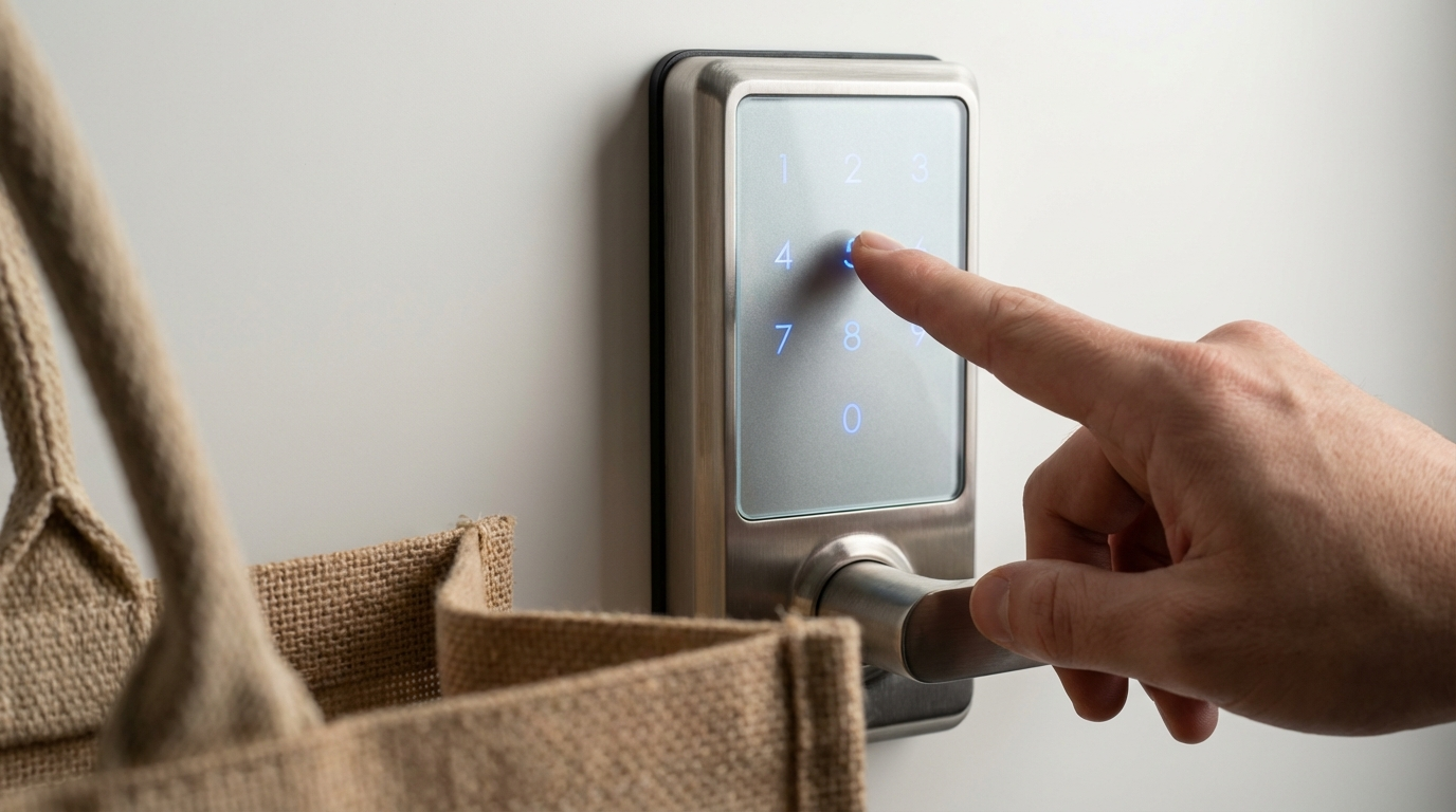 Fechadura digital moderna com leitor de biometria instalado em porta de madeira