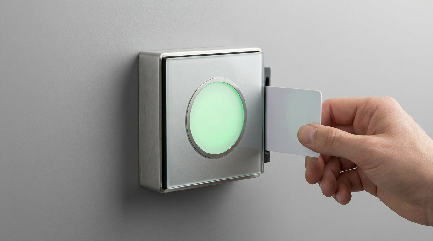 Profissional utilizando um controlador de acesso biométrico para entrar em um escritório.