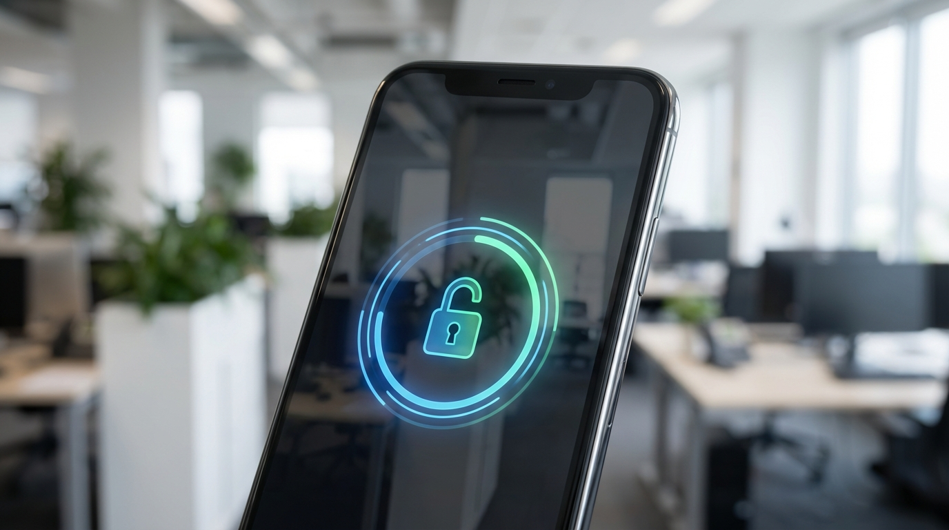 Funcionária realizando cadastro em um sistema de reconhecimento facial corporativo.