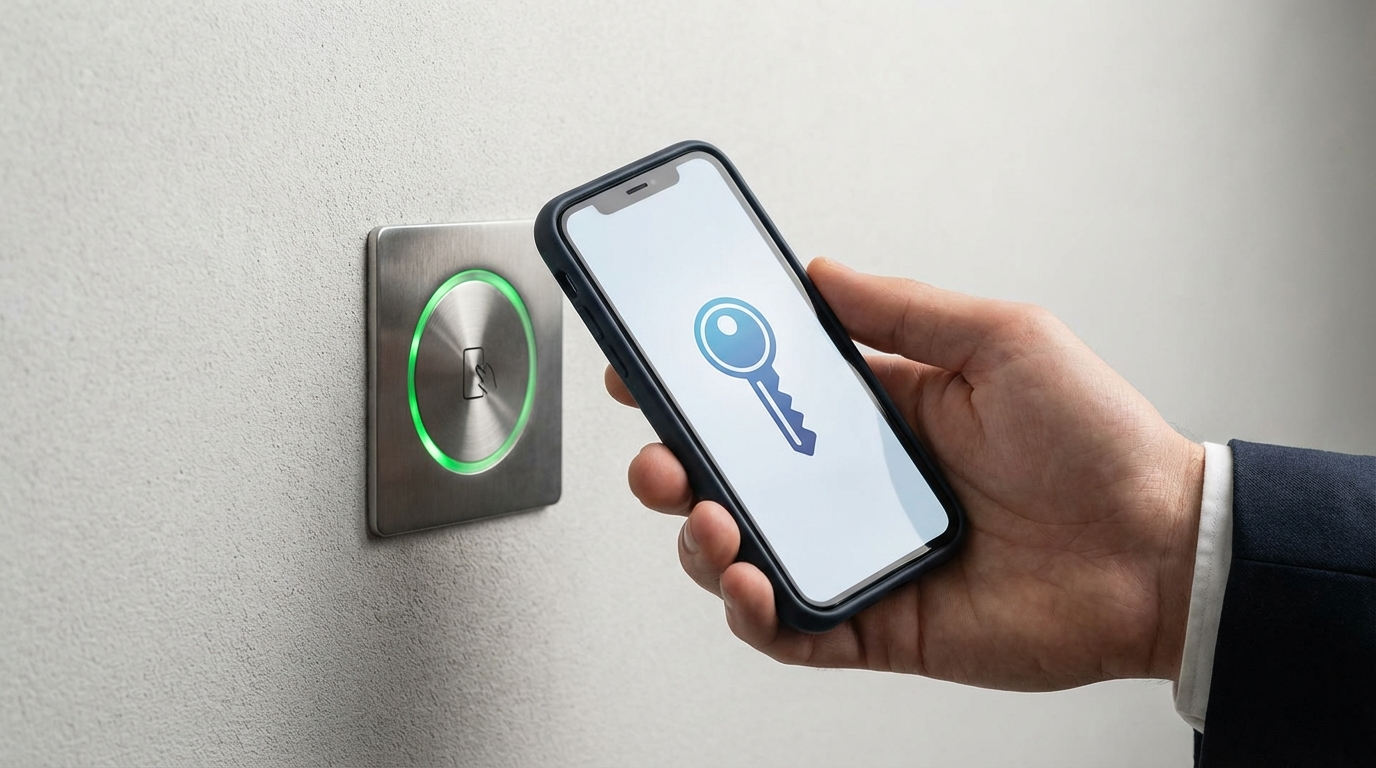 Mulher utilizando um cartão de proximidade para o acesso sem contato em um escritório moderno.