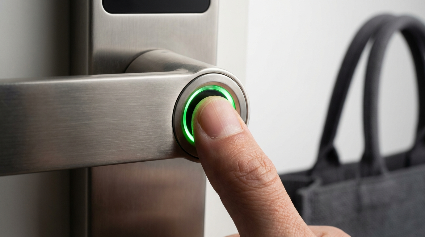 Profissional instalando fechadura eletrônica inteligente em porta de madeira