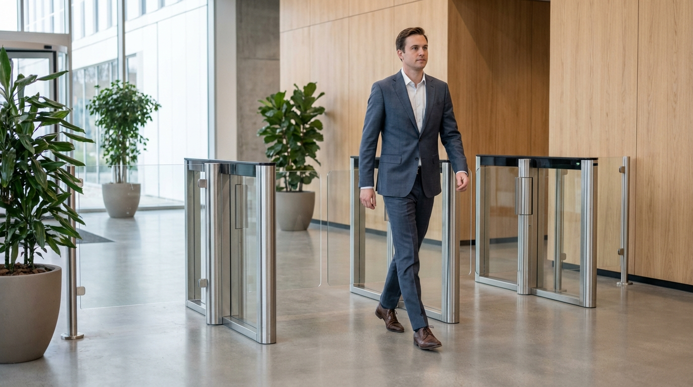 Sistema de reconhecimento facial sendo usado para acesso sem contato em um ambiente corporativo.