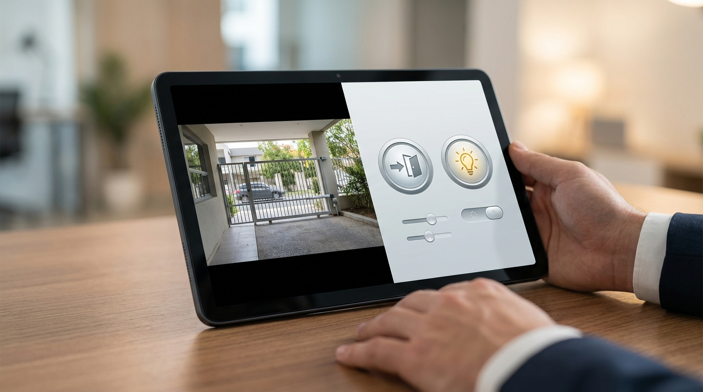 Dispositivo de portaria remota com câmera integrada em condomínio moderno