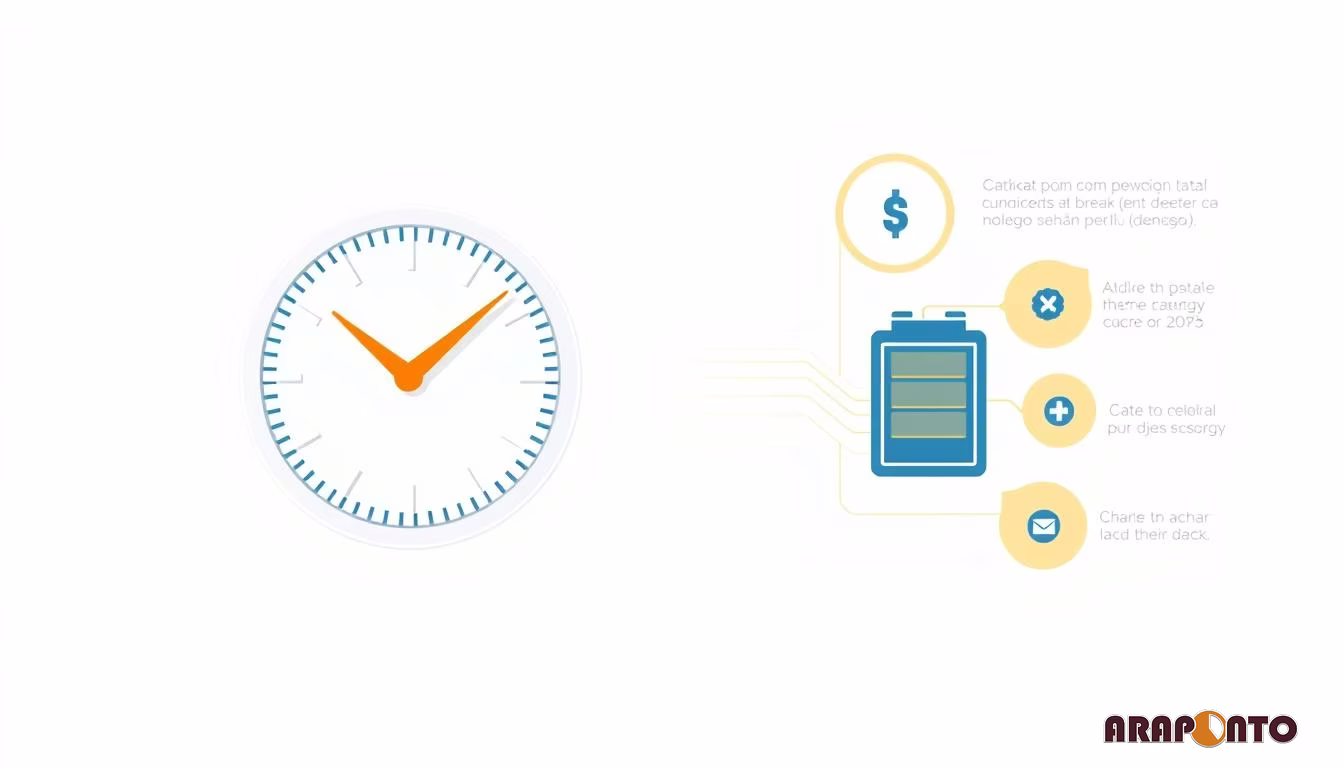 A clean graphic illustrates a clock on the left and a battery icon connected via lines to a dollar sign, cross, plus...