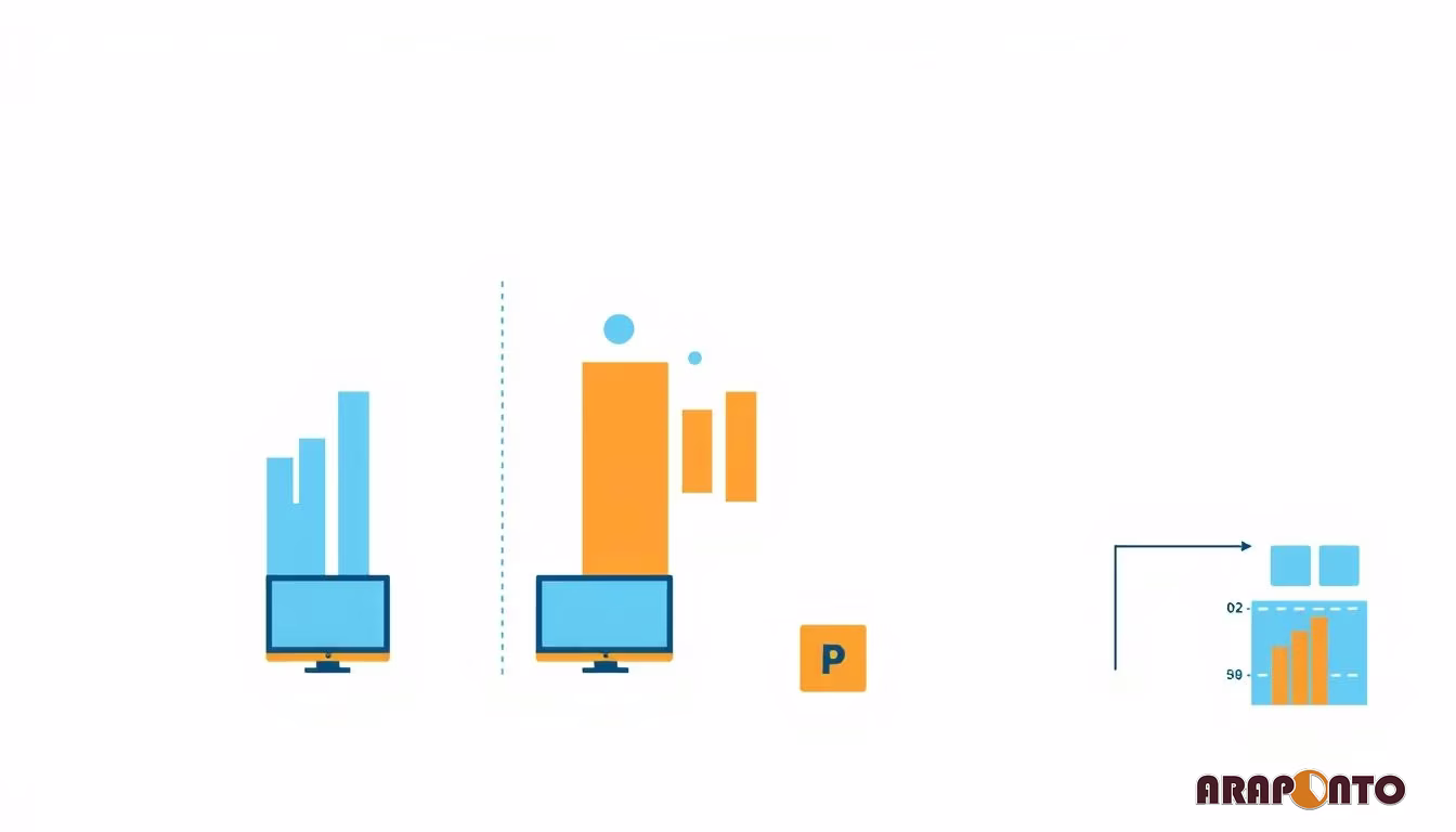 A graphic displays data visualization comparing blue and orange bar charts on monitors, an orange 'P' block, and a...