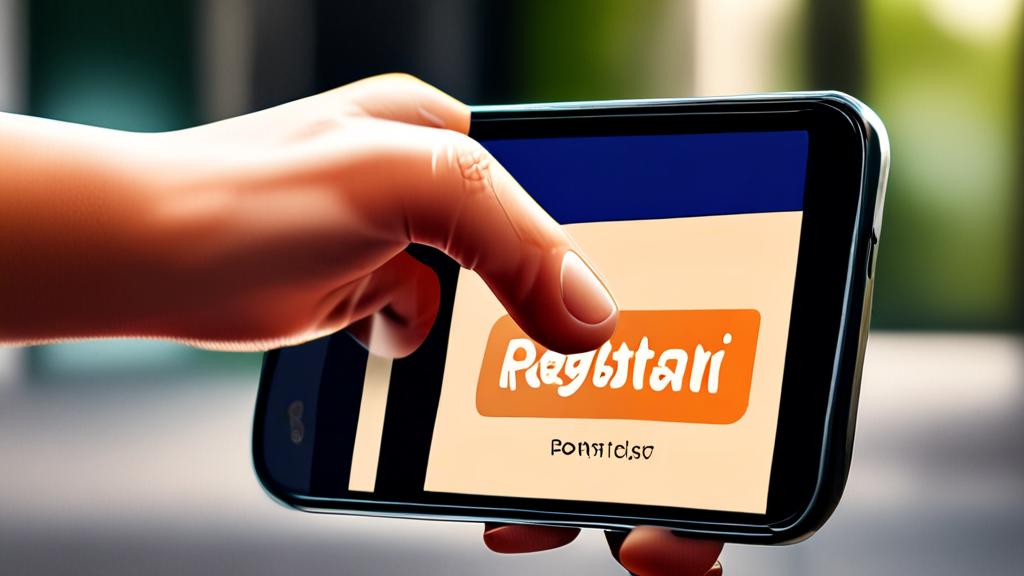 Close-up of a hand holding a smartphone, finger tapping on a digital button that says 'Registrar Ponto' on the screen