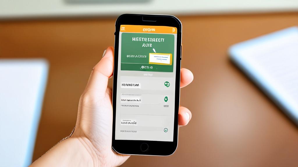 A hand holding a smartphone, showing a login screen for an app with fields for CPF/ID and password