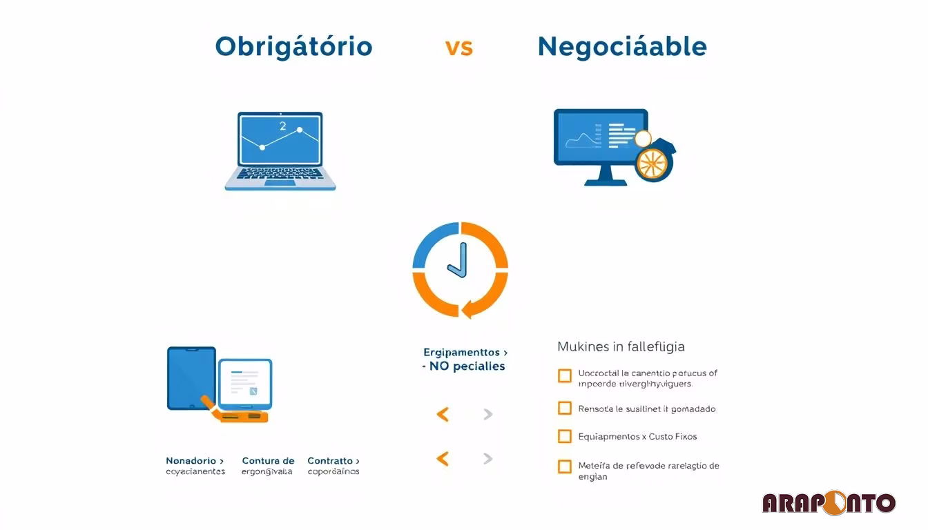 Infographic presenting a comparison between 'Obrigatório' and 'Negociáable' concepts, featuring icons of laptops...