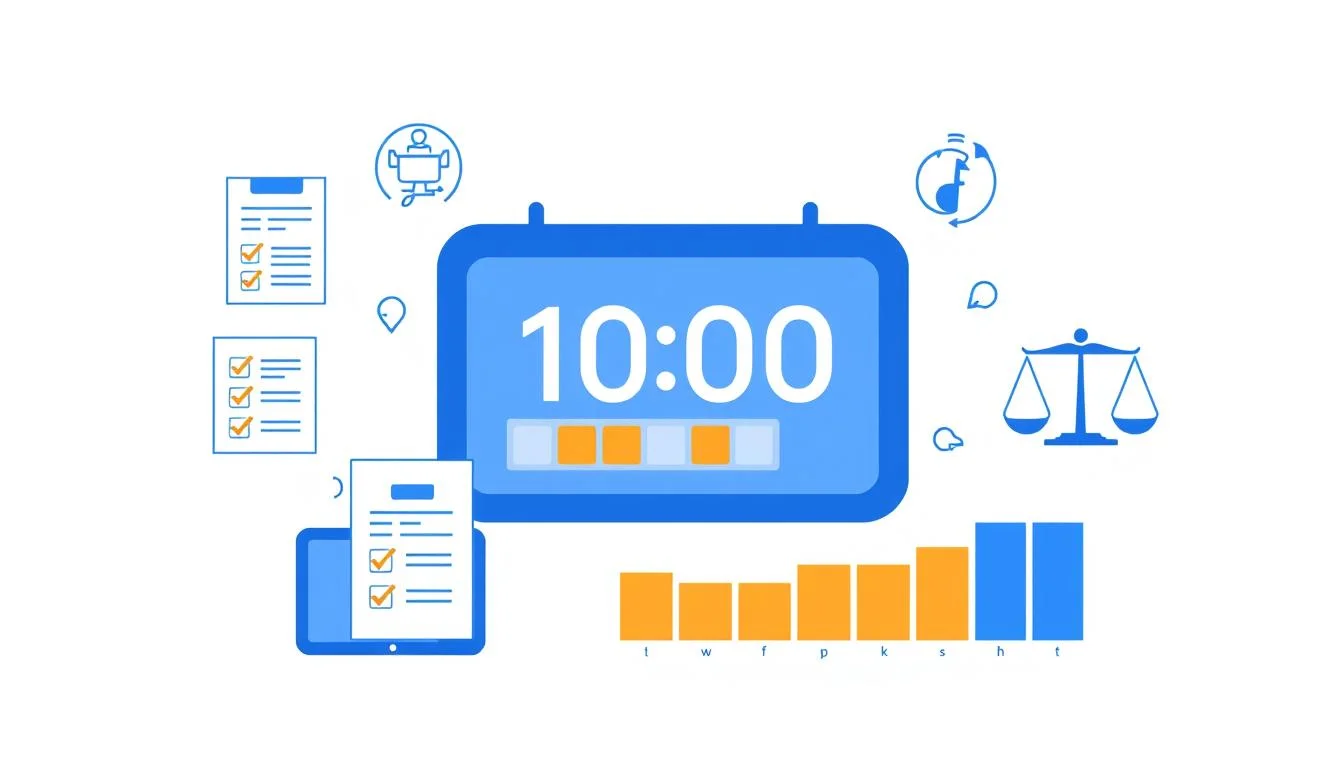 Infográfico flat vector sobre jornada 12x36 com relógio digital, checklist de conformidade CLT e gráfico de turnos