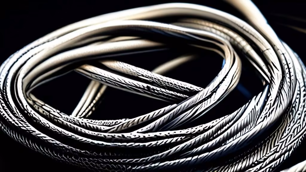 Three distinct steel cables of varying thickness converge into a single