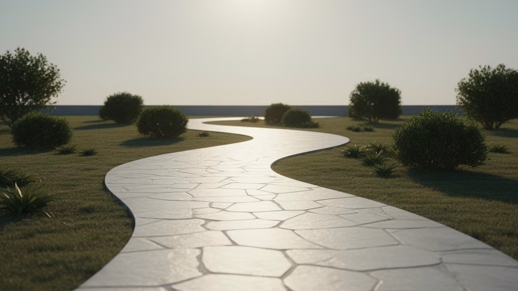A winding, smooth path made of light-colored stone, curving gently through a minimalist